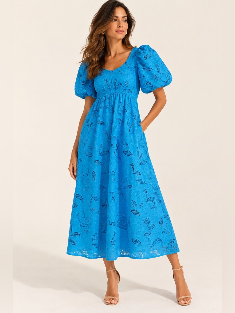 Hyacinth House Tuckernuck Azure Eyelet Ainsley Midi Dress Blue Puff Sleeve S